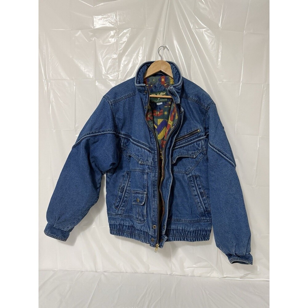 Vintage Eagles Ridge Quilted Lined Denim Jacket Blue Full Zip Southwestern L